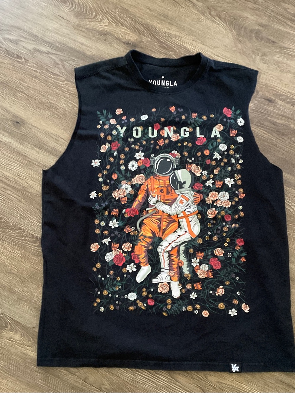 YoungLA Black Tank Top with Orange & White Astronaut Floral Graphic